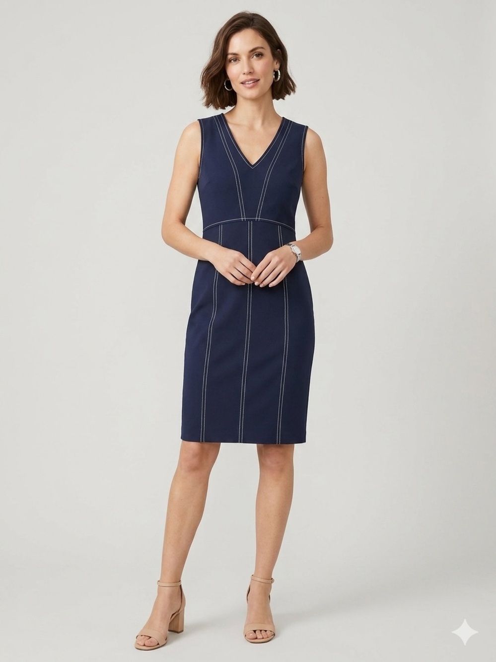 Ann Taylor Factory Dress Navy Blue, White Stitching, Sleeveless Sz 10 Stretch